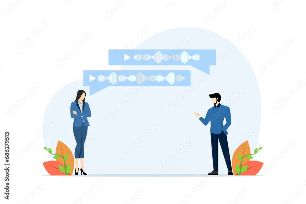 Concept of communicating or discussing. two people talking with voice note balloon icon on top, successful discussion or interview, this design is for podcast, app, social media. vector illustration.