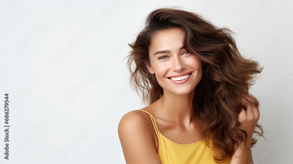 A Caucasian girl who is sassy and coquettish wearing a yellow shirt tilts her head, smiles joyfully, and gently touches her chin to express tenderness, beauty, and women's concepts on a A Caucasian girl who is sassy and coquettish wearing a yellow shirt tilts her head, smiles joyfully, and gently touches her chin to express tenderness, beauty, and women's concepts on a