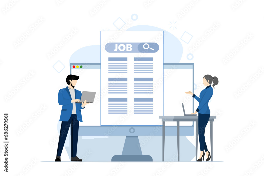 Career or job search concept, Looking for a new job, job, looking for opportunities, looking for vacancies or job positions, character using laptop to search for work. flat vector illustration.