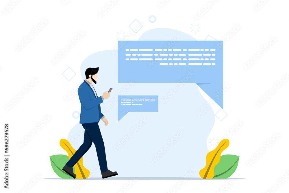 Mobile app concept for secure instant messaging, online chat, character holding smartphone and sending and receiving messages. and data protection. Modern flat vector illustration for poster, banner.