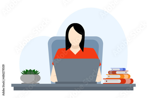 Working from home concept, character using a laptop This design can be used for education, freelance, worker characters working using laptops and computers at home. flat vector illustration.