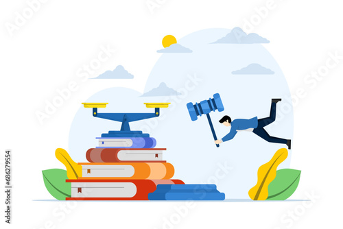 Legal advice concept. Law and justice scene. Characters sign legal contracts, lawyers consult with clients, judge knocks with wooden gavel. Flat cartoon vector illustration and icon.