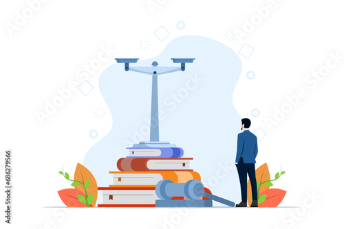 Legal advice concept. Law and justice scene. Characters sign legal contracts, lawyers consult with clients, judge knocks with wooden gavel. Flat cartoon vector illustration and icon. photo
