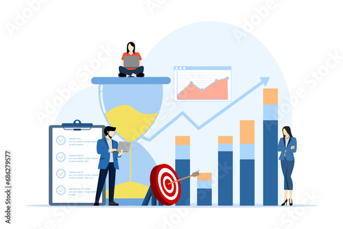 time management and development concept, business people develop a system of self-control, focus on targets and goal achievement for productive work. flat vector illustration on white background.