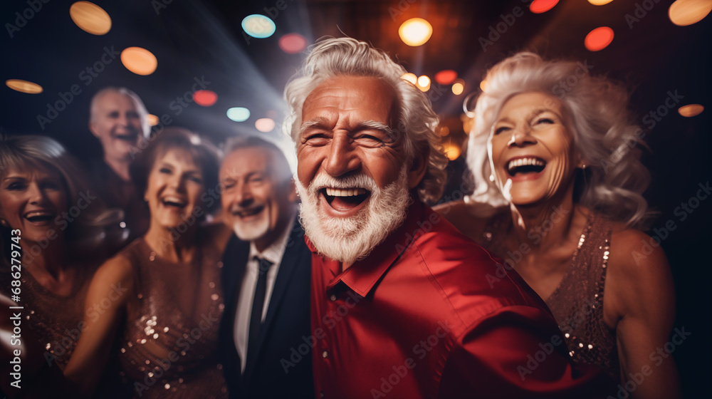 A group of elegant elderly people having fun dancing in a night-club.