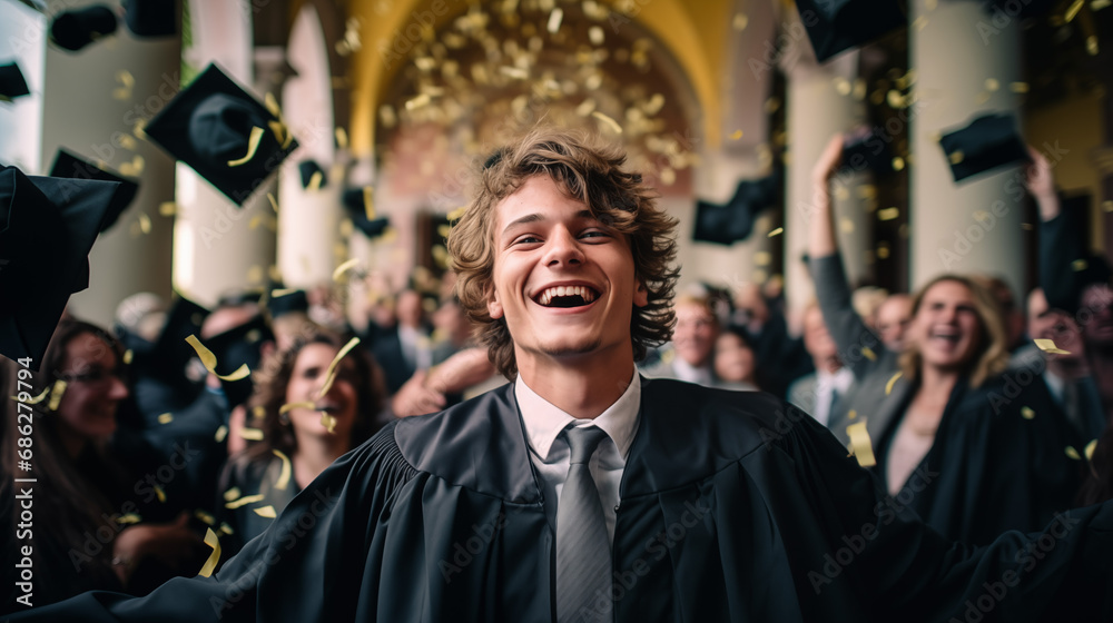 A young man celebrates the University degree with a group of friends.