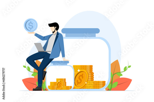 Savings or investment concept. people saving, Man with laptop sitting on glass jar with money inside, finance, deposit, economy, investment, banking. flat vector illustration on white background.