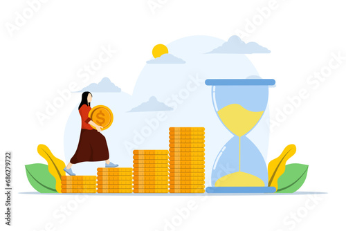 The concept of time is money, the character carries coins up the coin ladder. Save, Time, investment, savings, insurance, financial plan, Saving money for the future. flat vector illustration.