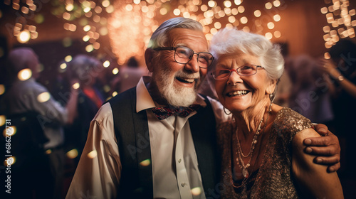 A elderly couple having fun in a night club disco.