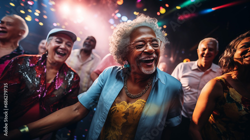 A group of elegant elderly people having fun dancing in a night-club.