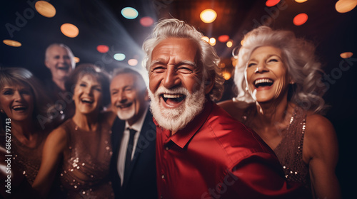 A group of elegant elderly people having fun dancing in a night-club.