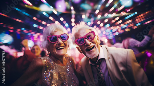 A elderly couple having fun in a night club disco wearing sunglasses.  photo