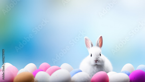 White hare with painted eggs, easter concept