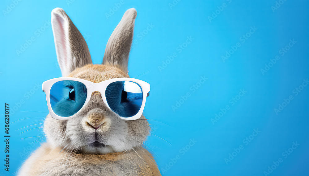 Hare in sunglasses on blue background, easter concept