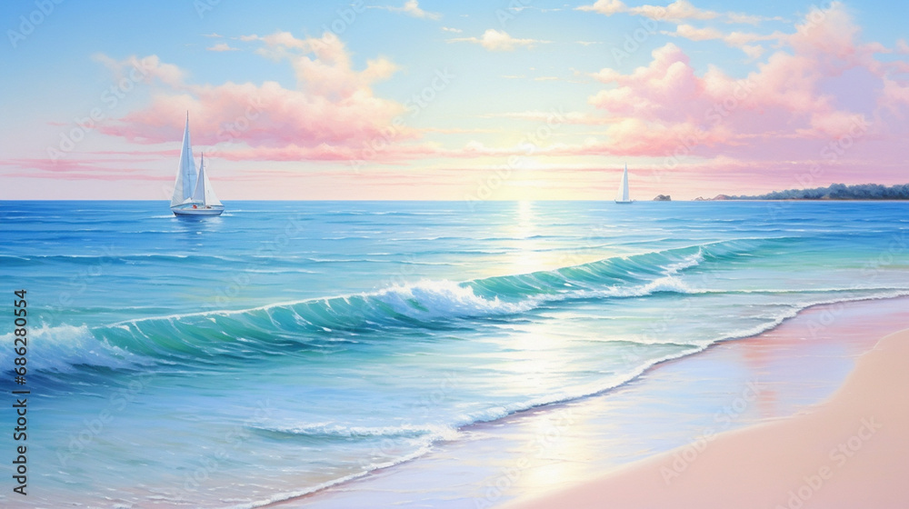 A gentle wave gently rolls, sailboat on the beach