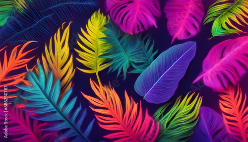 Creative fluorescent color layout of tropical leaves. Neon colors lay flat. The concept of nature.