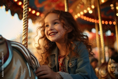 kids having fun on amusement park merry-go-round ride Young girl riding a carousel outside in festive festival carnival fun joyful exited face expression © VERTEX SPACE