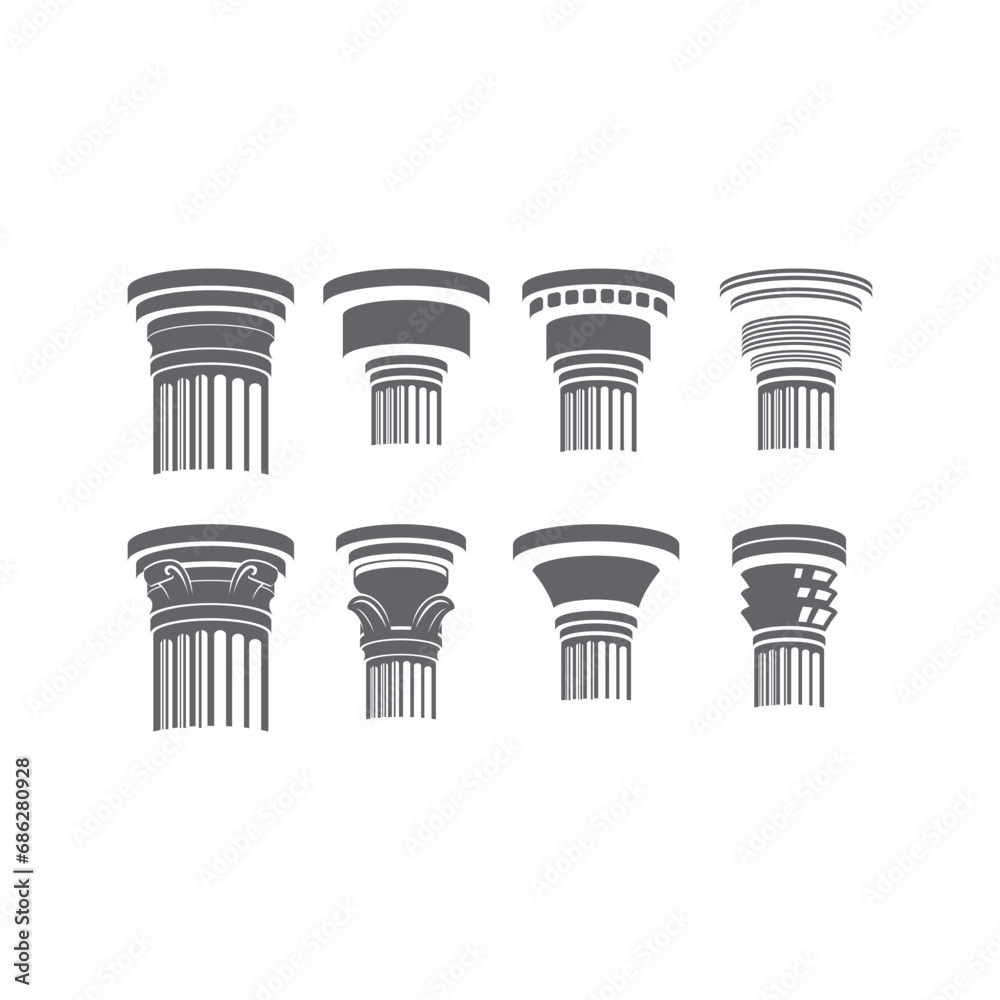 Set of Vintage Retro Old Ancient Classic Greek Roman Pillar Column Icon Illustration