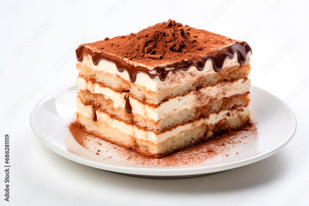 Tiramisu cake with Cocoa and coffee isolated on white background Tiramisu cake with Cocoa and coffee isolated on white background