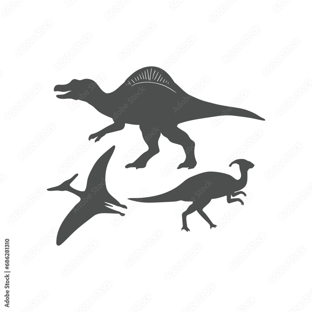 Set of Dinosaurs, Spinosaurus, Pteranodon and Parasaurolophus Silhouette Icon Illustration Set of Dinosaurs, Spinosaurus, Pteranodon and Parasaurolophus Silhouette Icon Illustration