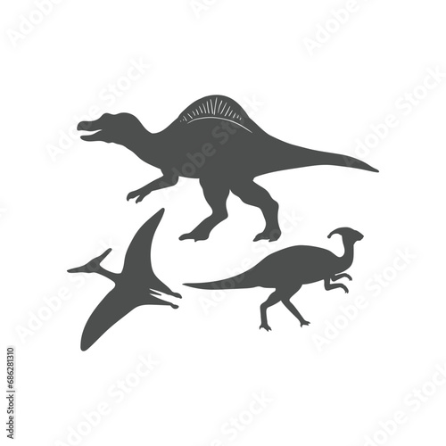 Set of Dinosaurs, Spinosaurus, Pteranodon and Parasaurolophus Silhouette Icon Illustration