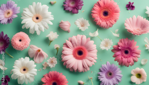 Beautiful pink  purple and white flowers on a pastel green background.