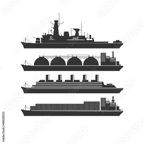 Set of Ship , Warship,Tanker, Cargo Ship and Yacht. Isolated Ship on White Background