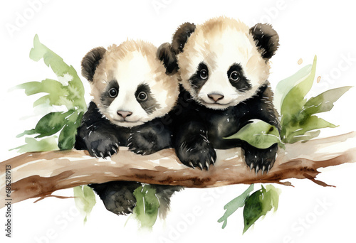 Two cute little pandas on a tree  watercolor painting