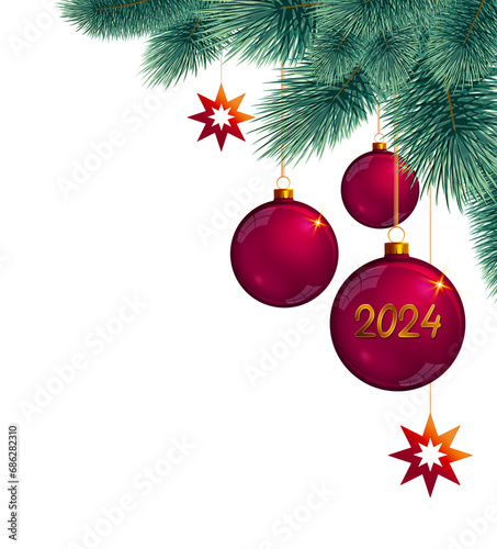 Happy new Year 2024 and Christmas border with fir tree branches and baubles .
