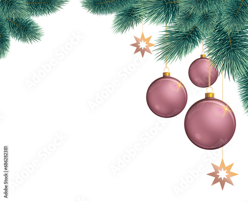 Christmas frame with green fir branches and pink baubles .