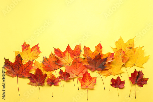Autumn season. Colorful maple leaves on yellow background  flat lay with space for text