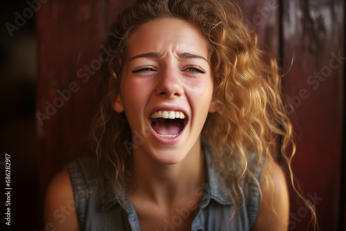 blonde woman screaming in pain photo