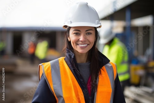 Dedicated Female Construction Worker at a Busy Site