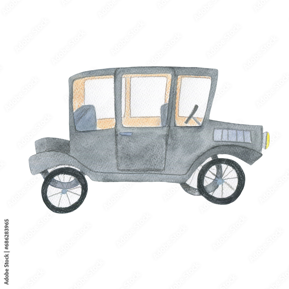 Watercolor illustration of a cartoon black car. Funny old retro car
