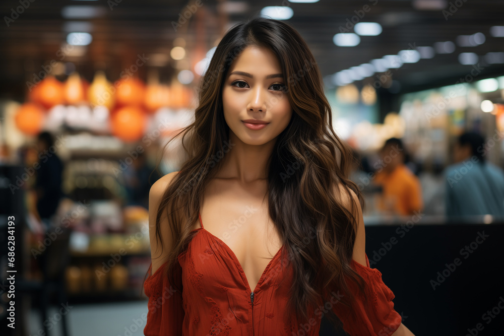 Young Beautiful Asian Woman in a red sexy dress Going for Shopping in a Grocery Store Young Beautiful Asian Woman in a red sexy dress Going for Shopping in a Grocery Store