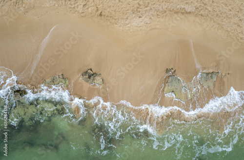 Sea landscape beach with turquoise water with copy space for text. Beautiful seascape of Sand beach aerial drone shot