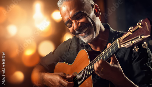 African man with guitar smiling at concert