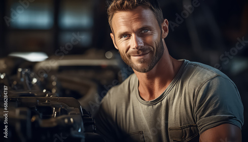 Male auto mechanic in garage fixing car
