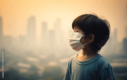 Boy wearing a mask to prevent toxins In the capital which is full of smog PM2.5 and heavy metals in the air