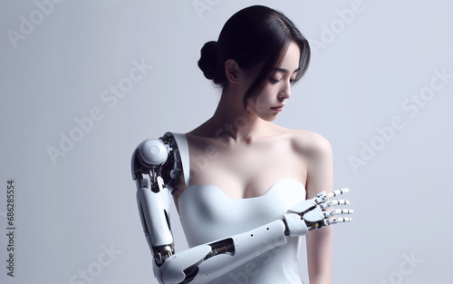 Woman with a prosthetic arm AI robotic arm concept of producing prosthetic arms for amputees