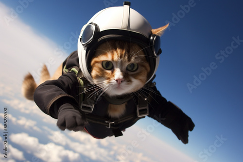Funny Cat taking the leap of faith into the unknown world of skydiving. Ai generated photo