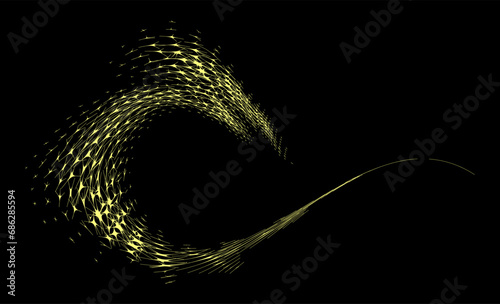 Inswept starlit frame with a twisted lateral line on a black background (example). Radial surround stellar halftone elements. Vector.