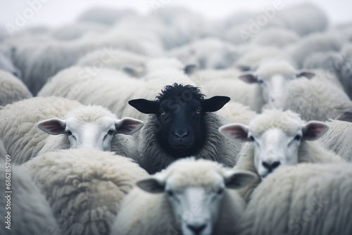 A lone black sheep stands proudly amidst a herd of white sheep, symbolizing uniqueness and breaking away from the expected. Ai generated photo