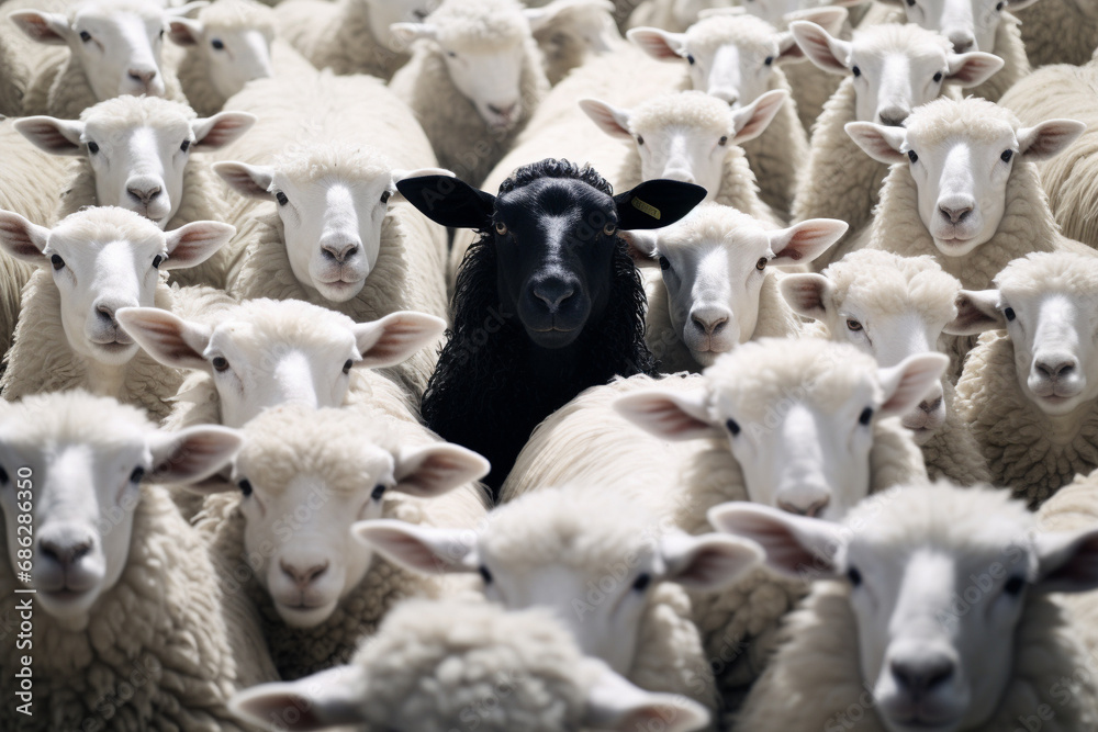 A lone black sheep stands proudly amidst a herd of white sheep, symbolizing uniqueness and breaking away from the expected. Ai generated A lone black sheep stands proudly amidst a herd of white sheep, symbolizing uniqueness and breaking away from the expected. Ai generated
