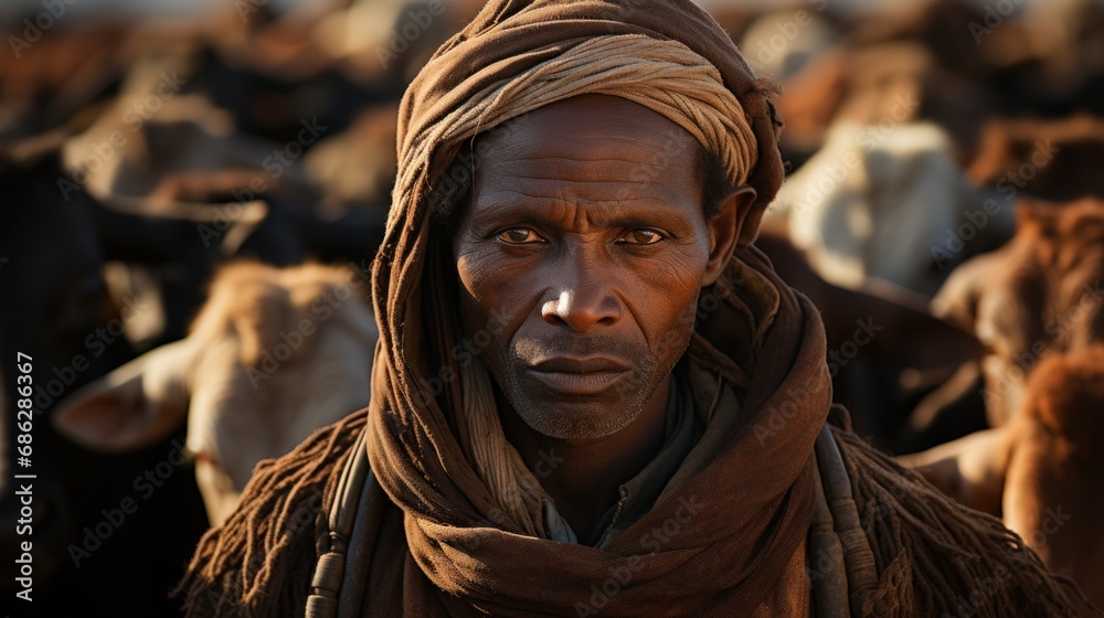 Portrait of a black man herding cows in the desert. Nomadic people of Africa