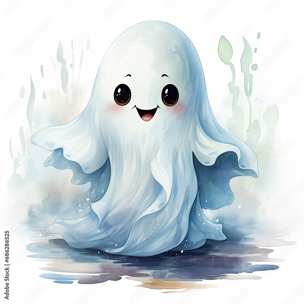 Obraz premium watercolor Cute ghost cartoon clipart, Generative Ai