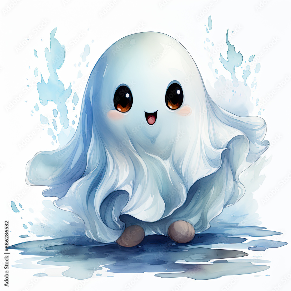 Obraz premium watercolor Cute ghost cartoon clipart, Generative Ai