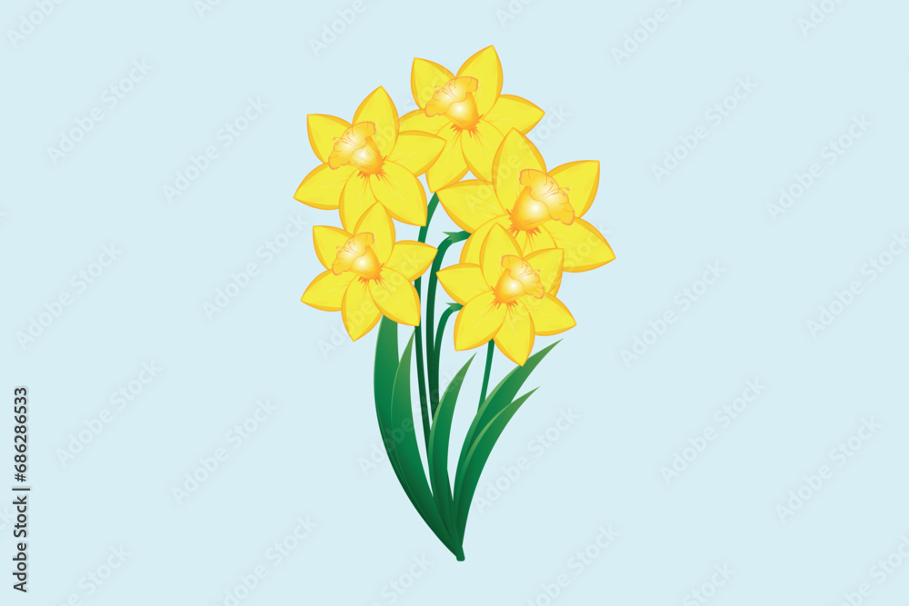 Bouquet of yellow narcissus flowers isolated on a blue background. Vector illustration.