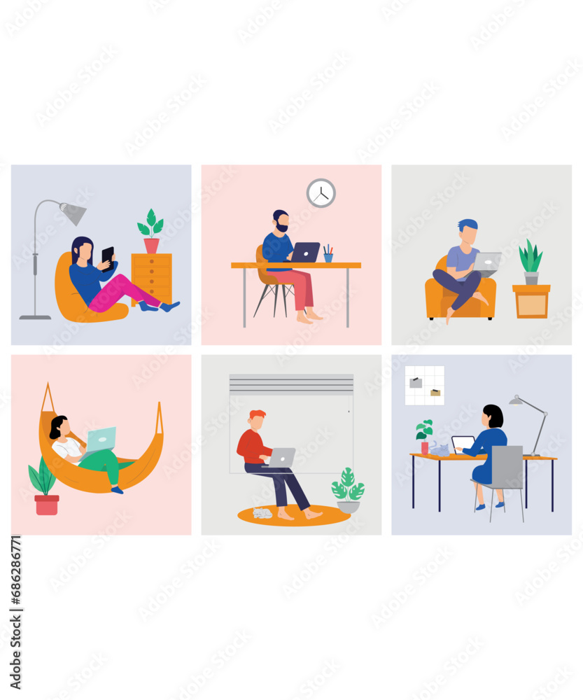 6 Flat Art Working Vector Of Work From Home Workers