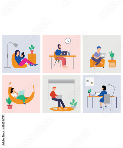 6 Flat Art Working Vector Of Work From Home Workers